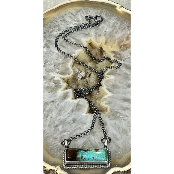 Navajo Kingman Turquoise Dixon Sterling Silver Bar Necklace 17" by J Dixon 6.9g - Picture 8 of 16